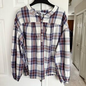 Every Moment Women's L  Plaid Popover Blouse Tunic Relaxed Fit Boho Shirt Top